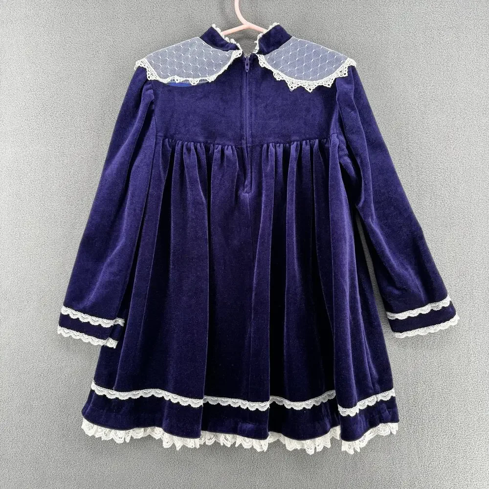Vintage Pretty as a‎ Picture Velvet and Lace Little Girls Dress 6X Purple White